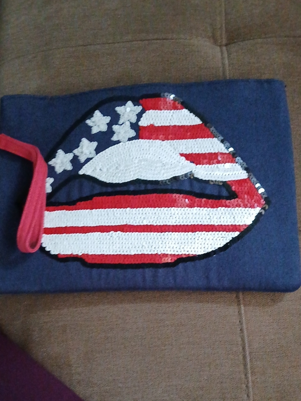 A&B America & Beyond Navy Sequin American Flag Lip Wristlet Clutch